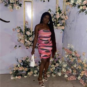 Bodycon print strapless stretch multicolor mesh midi pink orange print dress